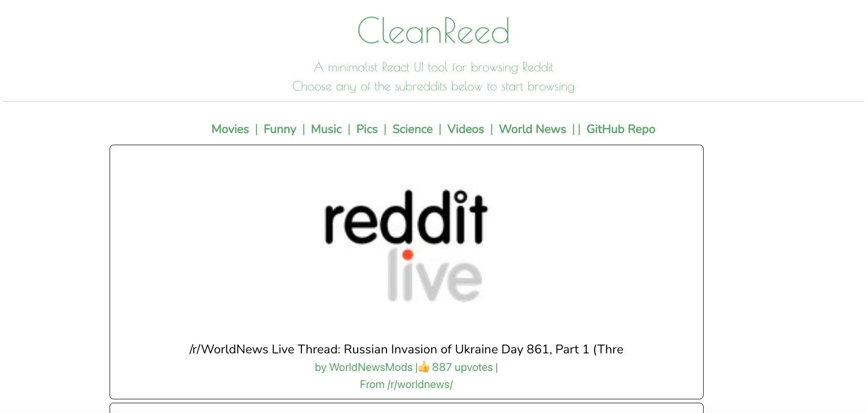 Splashpage for CleanReed, A Reddit dashboard app rendering API and JSON data from multiple subreddit boards created in React.